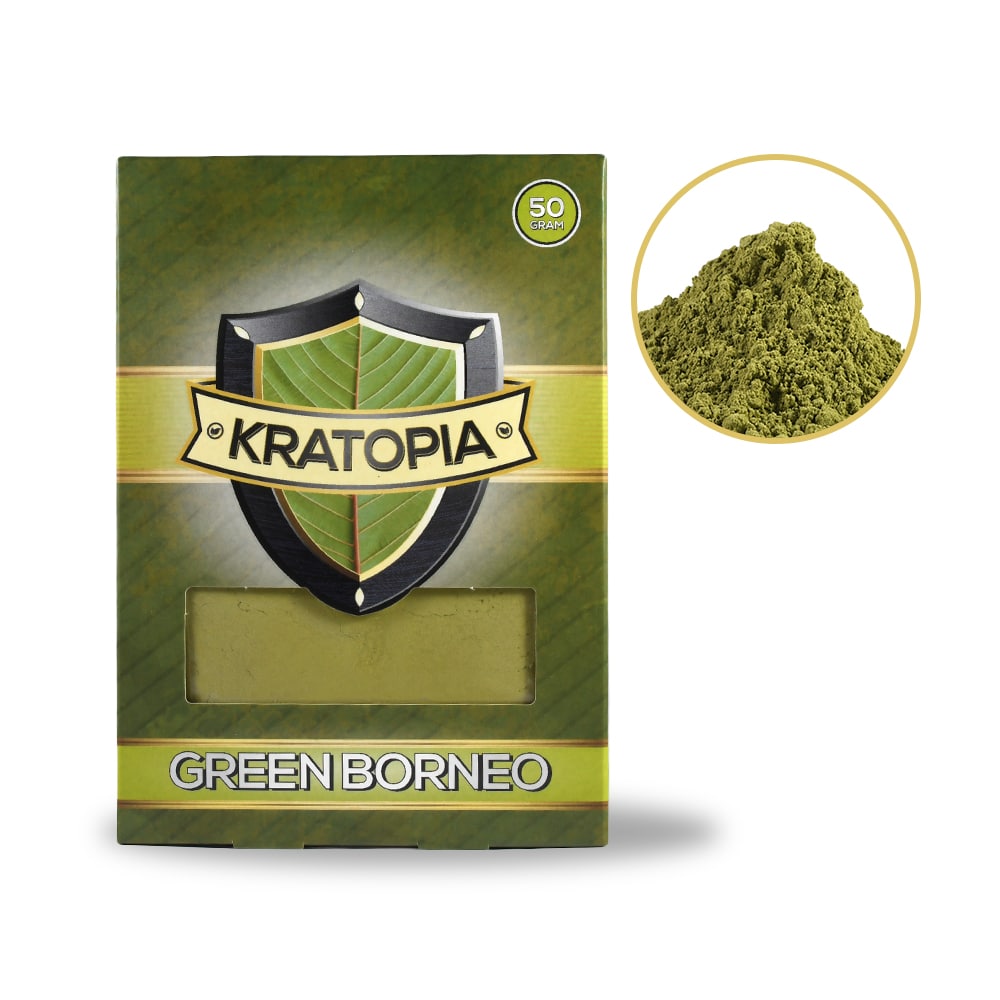 Green Borneo Kratom front view + contents Green Borneo Kratom front view + contents