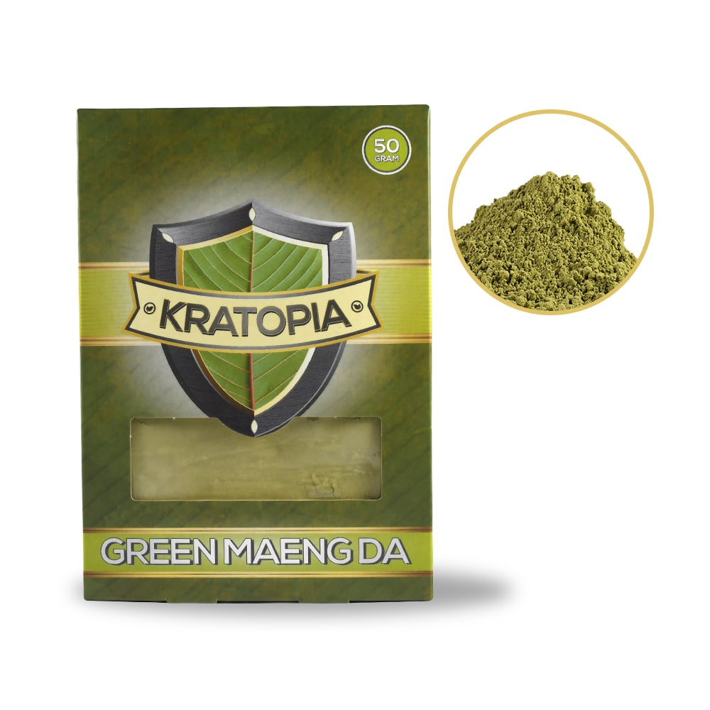 Green Maeng Da Kratom front view + contents Kratopia Green Maeng Da Kratom front view + contents Kratopia