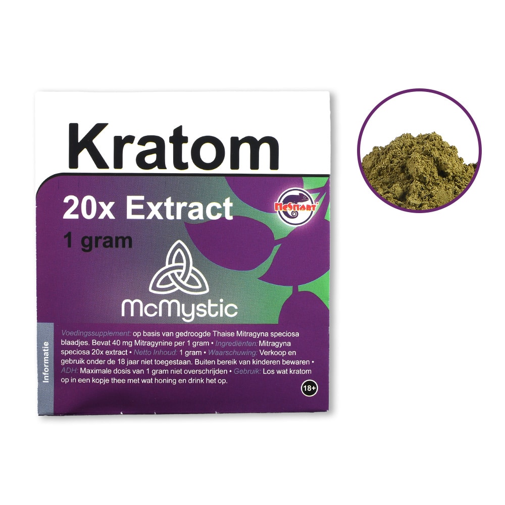 Kratom 20x 1 gram Front view + contents McMystic Kratom 20x 1 gram Front view + contents McMystic