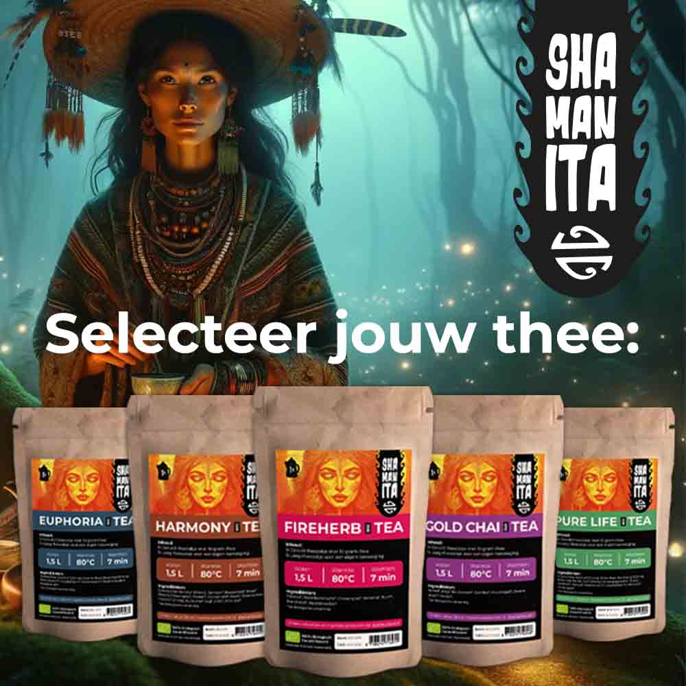 Magic-Truffel-Thee-Bio-Assortiment Overzicht van alle Magic Truffel Thee smaken inclusief Fireherb, Pure Life, Gold Chai, Harmony en Euphoria, die de verscheidenheid en rijkdom van de theeselectie tonen.