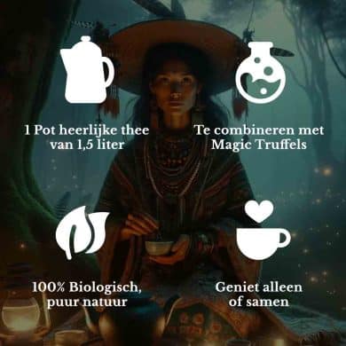 Presentatie van de unieke voordelen van Magic Truffel Thee: 1) Elk pakket maakt 1 pot heerlijke thee, goed voor 1,5 liter, 2) Ontworpen om te combineren met Magic Truffels voor een versterkte ervaring, 3) 100% Biologisch, belichaamt pure natuur bij elke slok, 4) Perfect om alleen of samen van een ontspannend moment te genieten.