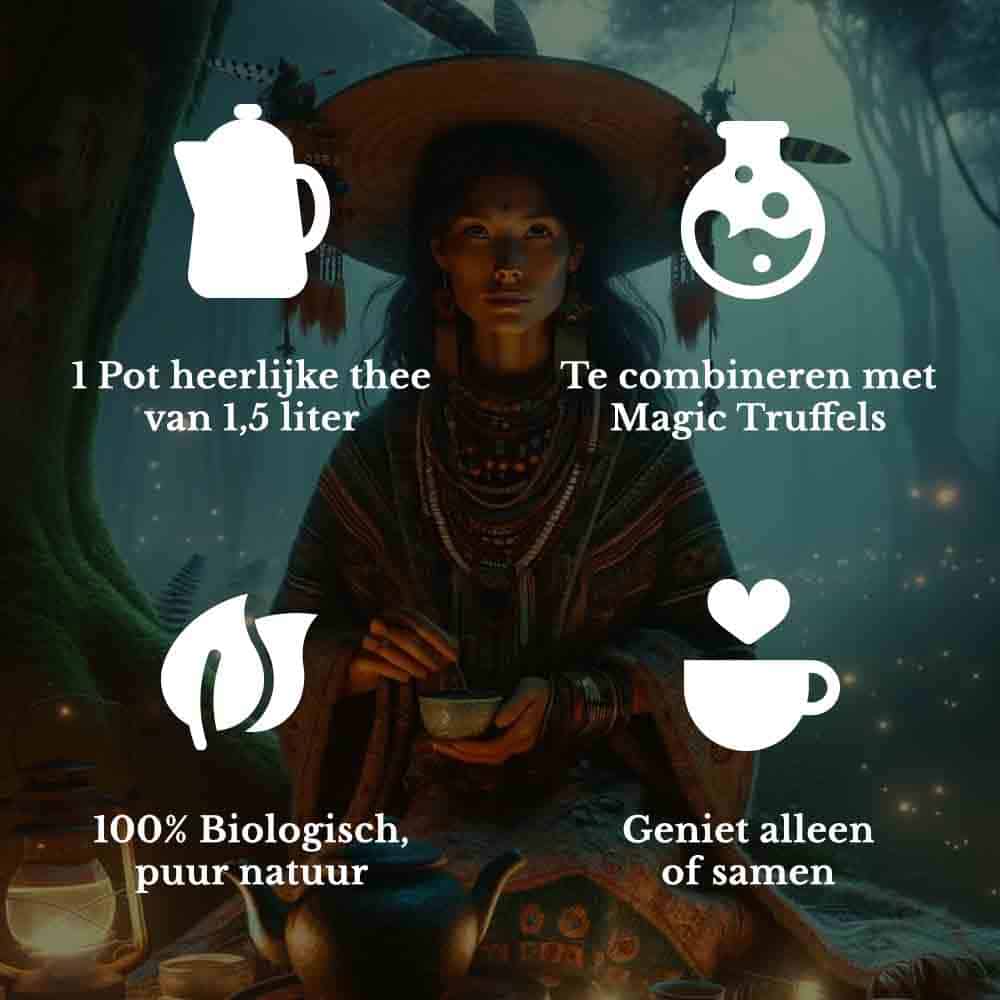 Magic-Truffel-Thee-Bio-USP Presentatie van de unieke voordelen van Magic Truffel Thee: 1) Elk pakket maakt 1 pot heerlijke thee, goed voor 1,5 liter, 2) Ontworpen om te combineren met Magic Truffels voor een versterkte ervaring, 3) 100% Biologisch, belichaamt pure natuur bij elke slok, 4) Perfect om alleen of samen van een ontspannend moment te genieten.