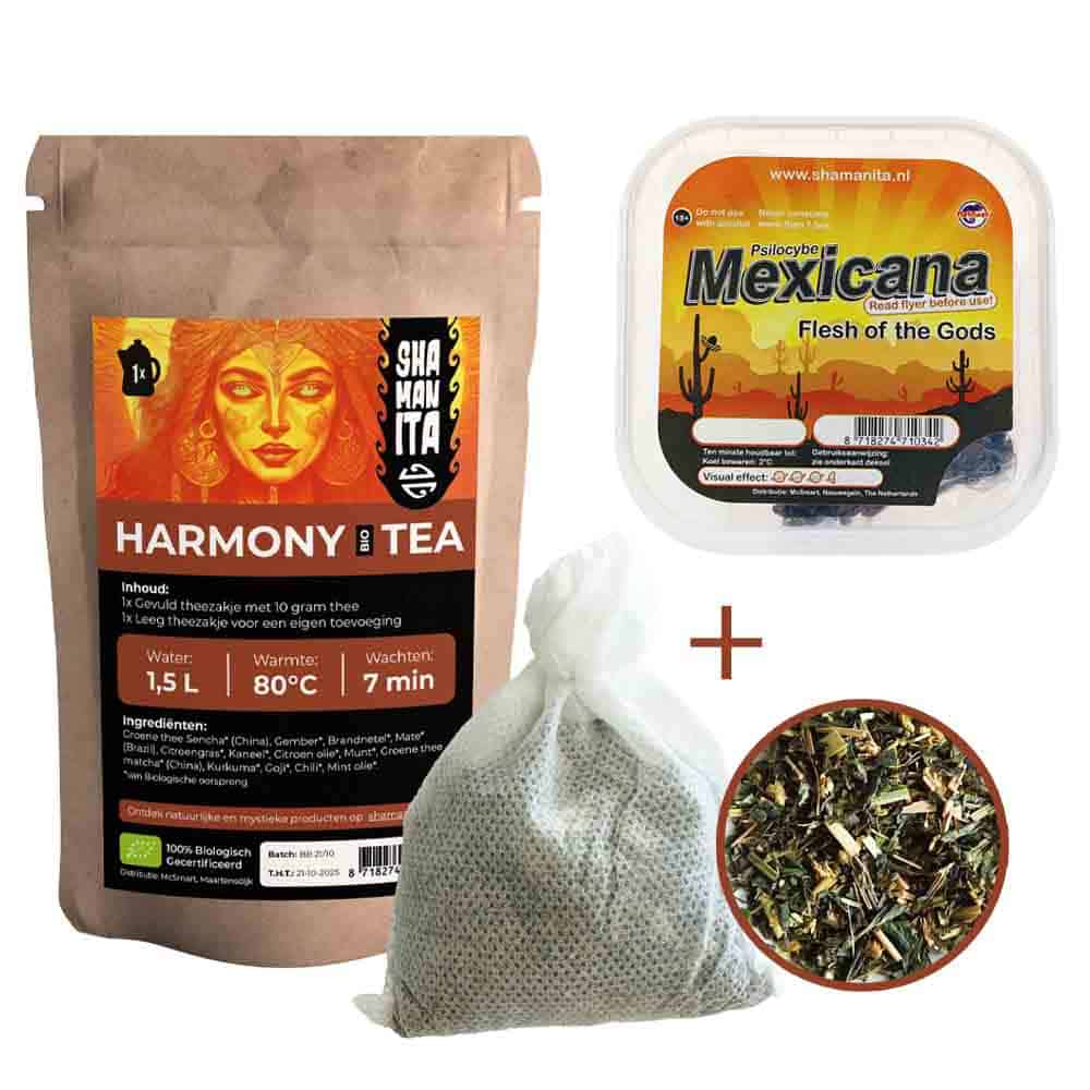 Starter-Thee-Mexicana-10g-Harmony-Bio Starter Thee met Mexicana 10 gram magic truffels en Harmony Bio Tea voor beginners in de magische wereld.